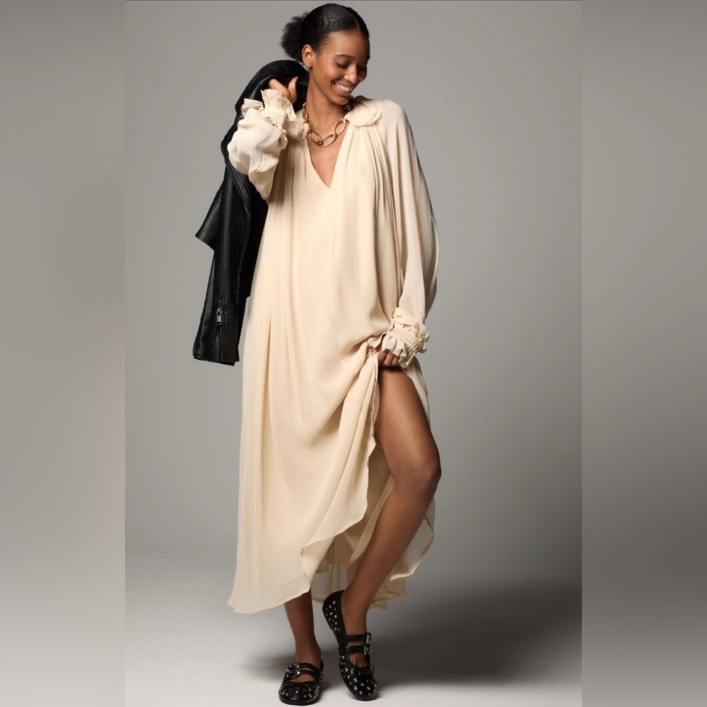 Anthropologie Long-sleeve Sheer Pleated Midi Dress